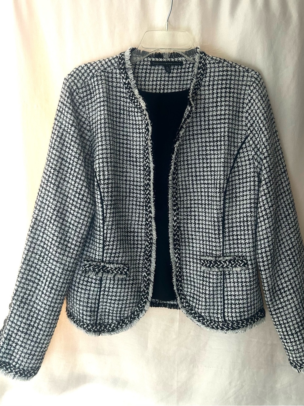 Black & White Tweed Collarless Jacket with Frayed edge detailing